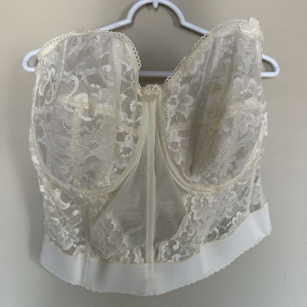 VTG GODDESS Sheer Lace Bridal Bustier Longline Bra Boned Corset White US 42DD